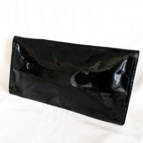 Karen Millen Black Patent Leather Clutch Bag-Leopard Print Interior & Hand Strap - Picture 7 of 14
